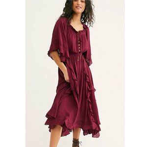 Free People Womens Maroon Bell Sleeves Ruffle Beach Bliss Maxi Dress Size Medium